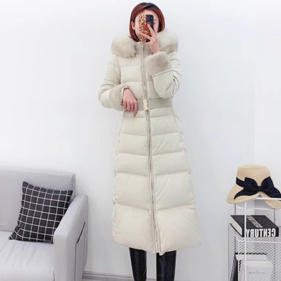 MICHAA Korean Luxury Fox and Mink Fur Long Down Jacket with Belt Size 55 - Picture 4 of 16